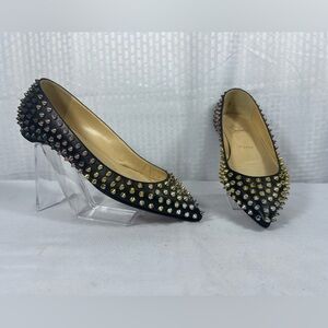 Christian Louboutin Black Spike Studded Flats Red Sole Size 37.5